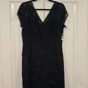 Marina Dress Womens Black Lace Beaded V Neck Cap Sleeve Cocktail Party Sheath